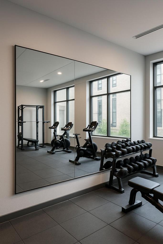 The image depicts a home gym with dumbbells and a stationary bicycle in front of a mirror and windows. - [yellow image] - ...